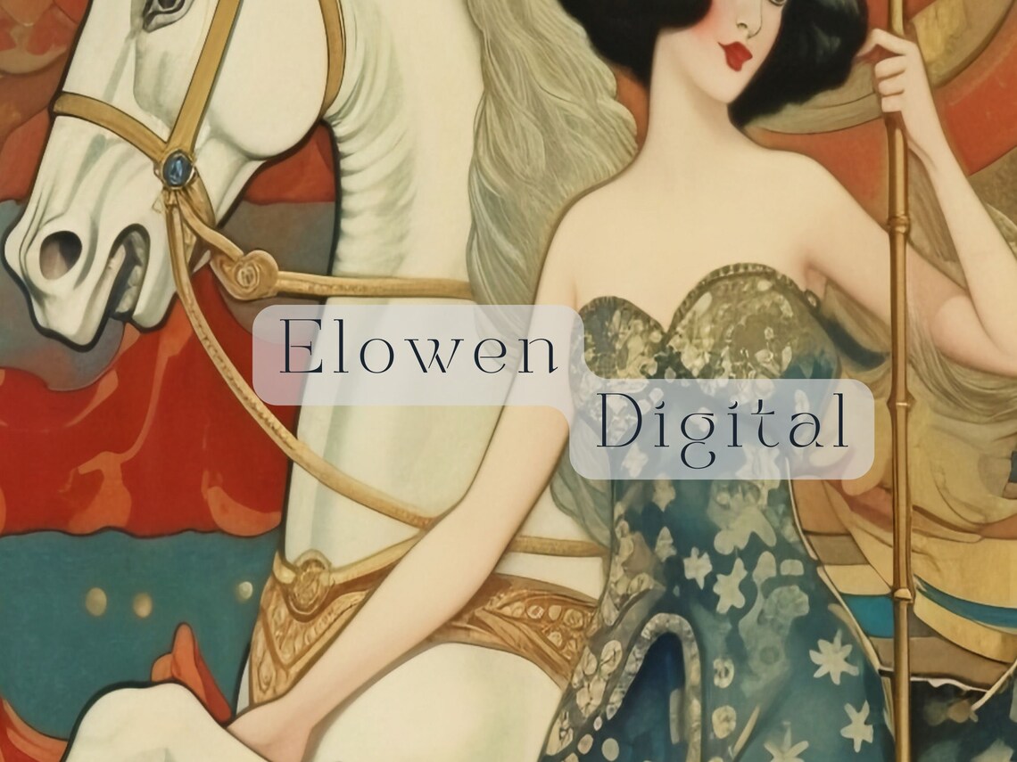 Art Nouveau Woman Riding a White Carousel Horse in Teal Gown Poster - Image 4