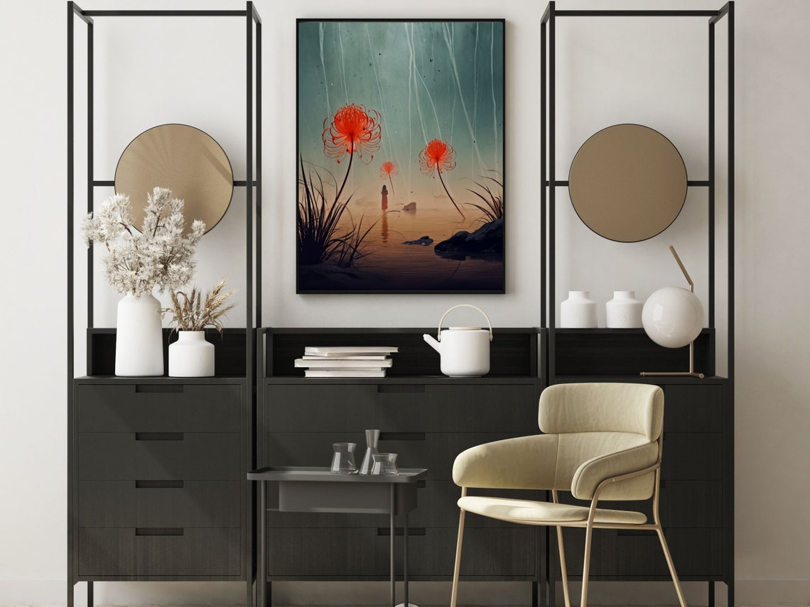 Ethereal Red Spider Lilies Misty Water Dreamy Floral Scene Poster - Image 6