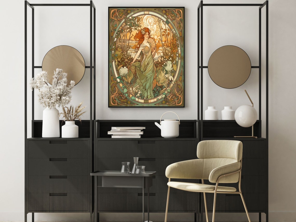 Art Nouveau Red Haired Woman In Garden Oval Frame Floral Poster - Image 5
