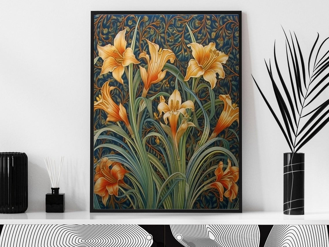 William Morris Style Orange Lilies On Dark Blue Floral Poster - Image 3