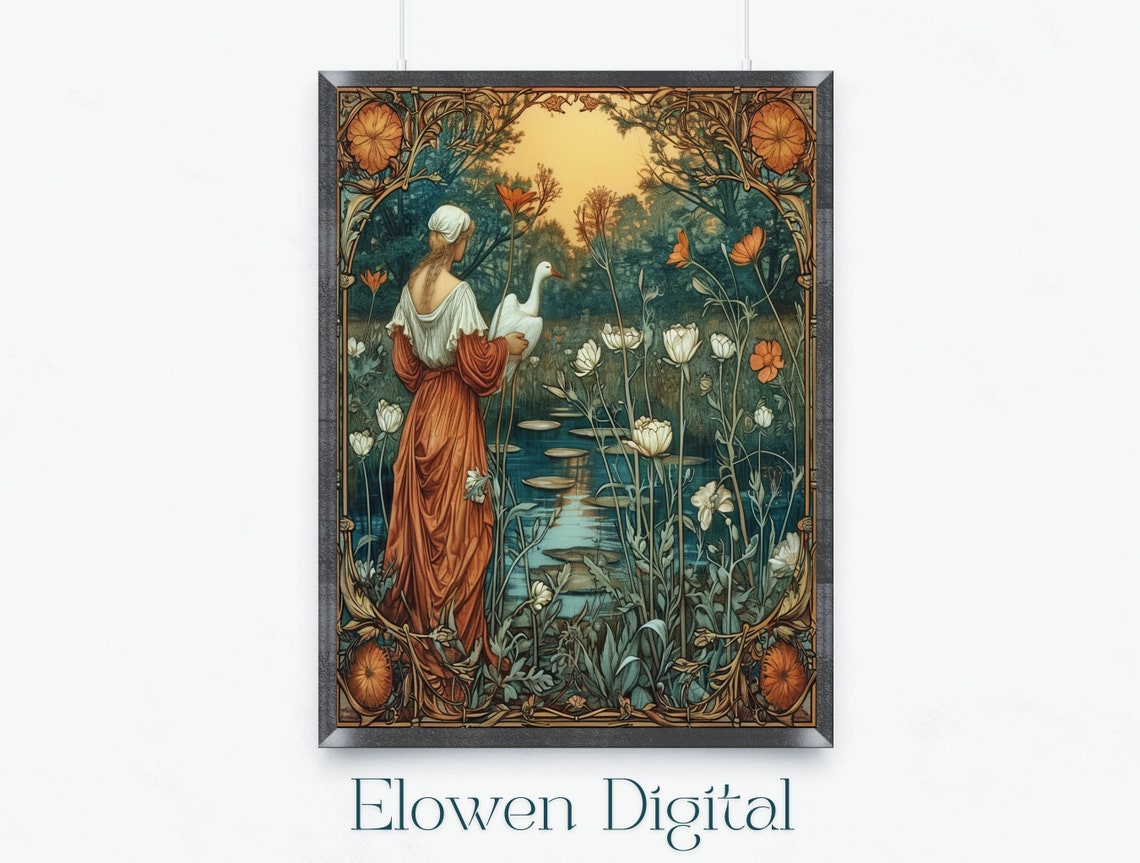 Art Nouveau Wall Art Of Woman And Goose Poster Of Art Nouveau Pond Large Wall Art Nouveau Print