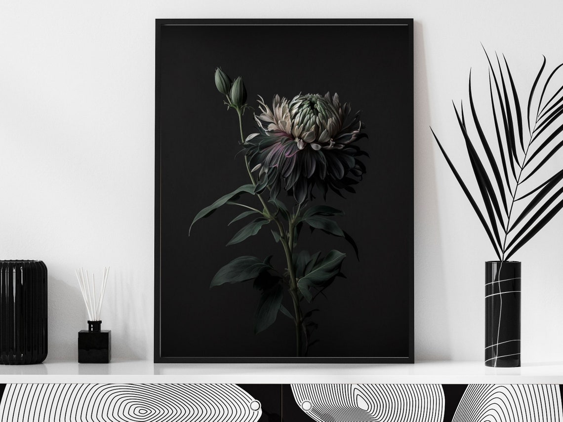 Dark Moody Chrysanthemum Flower On Black Background Wall Art - Image 4