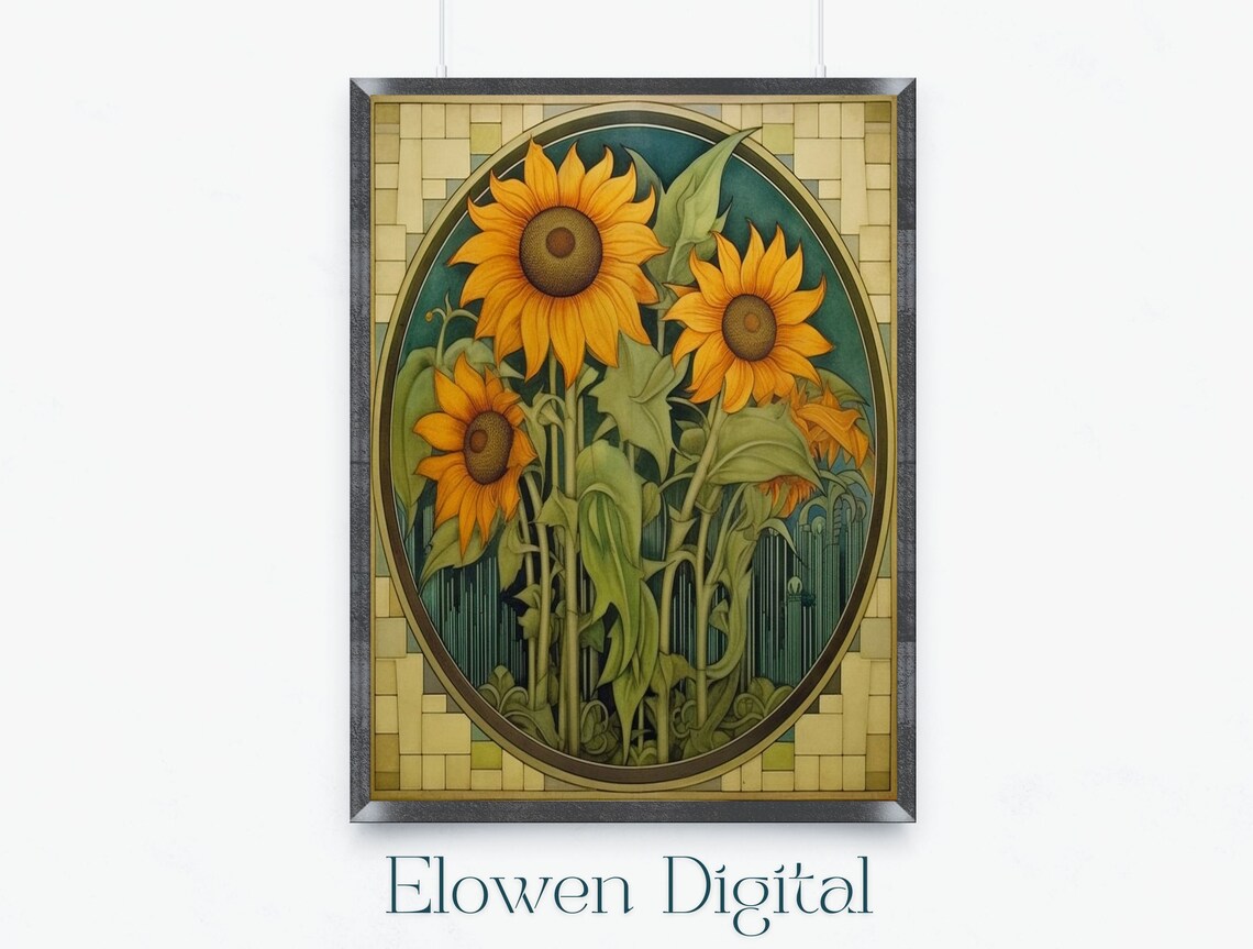 Cheerful Art Deco Sunflowers Oval Frame Vintage Botanical Poster