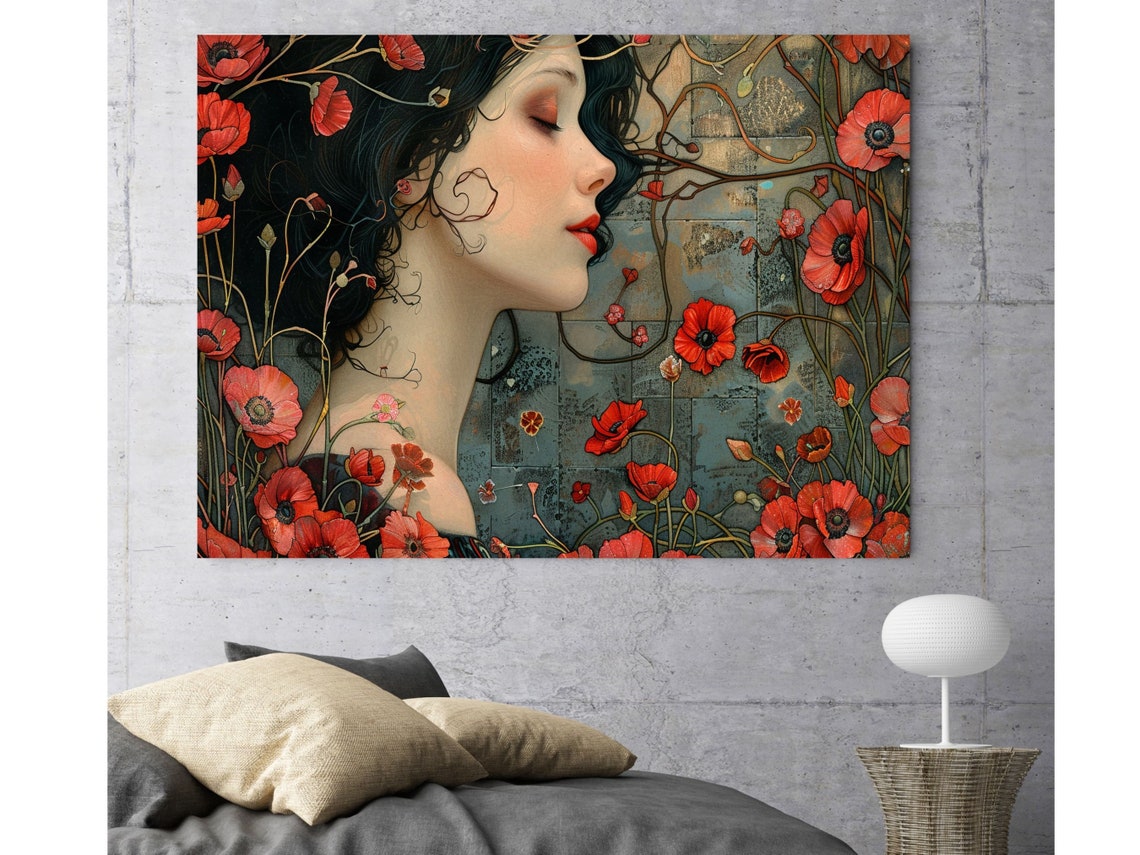 Art Nouveau Woman with Red Poppies Profile Botanical Wall Poster - Image 5