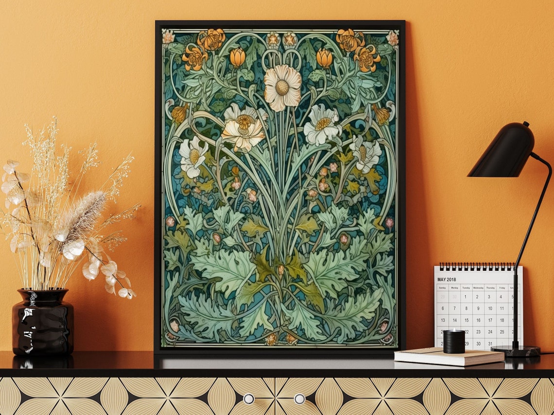 William Morris Style White Daisies And Green Foliage Floral Poster
