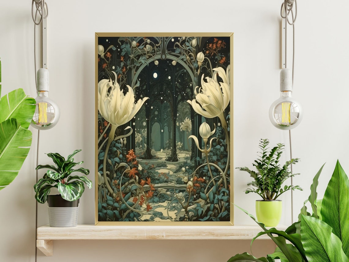 White Tulips by Moonlight in a Midnight Garden Archway Poster - Image 2