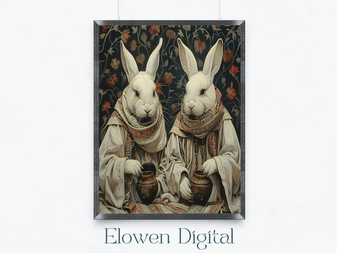 Two White Rabbits In Monk Robes Holding Clay Pots Floral Wall Art