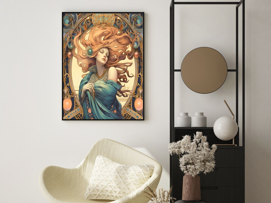 Red Haired Beauty In Teal Gown With Flowing Hair Art Nouveau Wall Art - Image 2