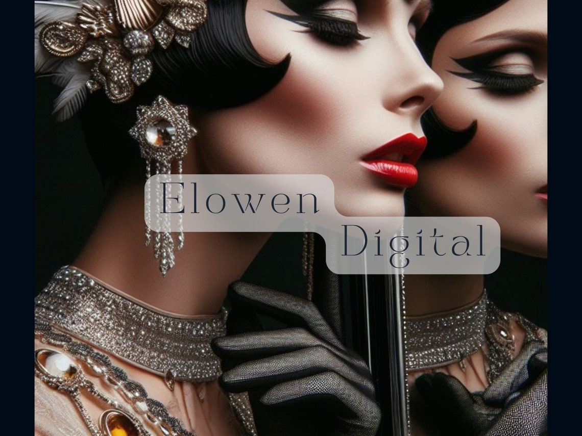Silver Gown Woman Gazing At Her Mirror Reflection Art Deco Print - Image 4