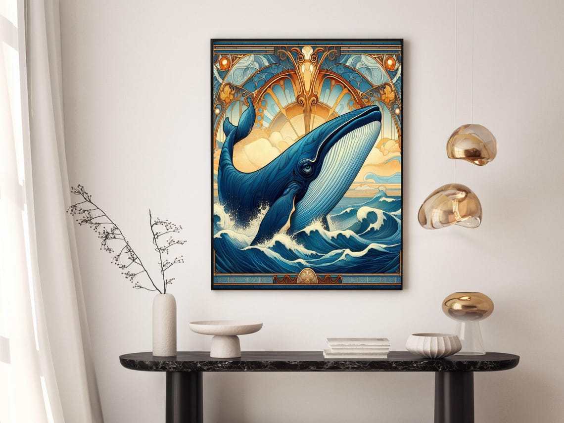 Art Nouveau Blue Whale Breaching Stylized Ocean Waves Art Poster - Image 4