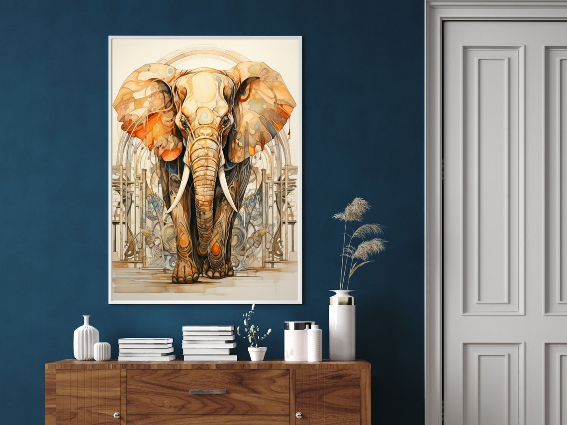 African Elephant Facing Forward Watercolor Safari Scene Wall Art - Image 4