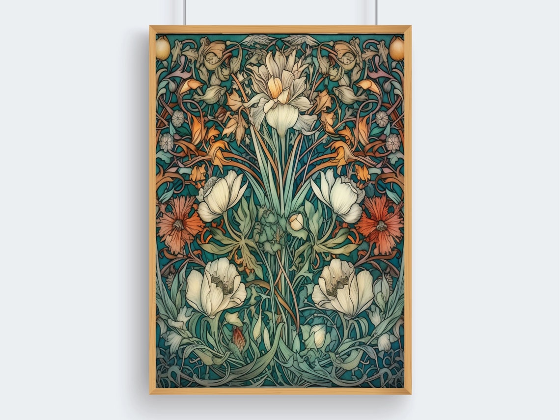 Indigo Botanical Art With White And Coral Flowers Pattern Poster