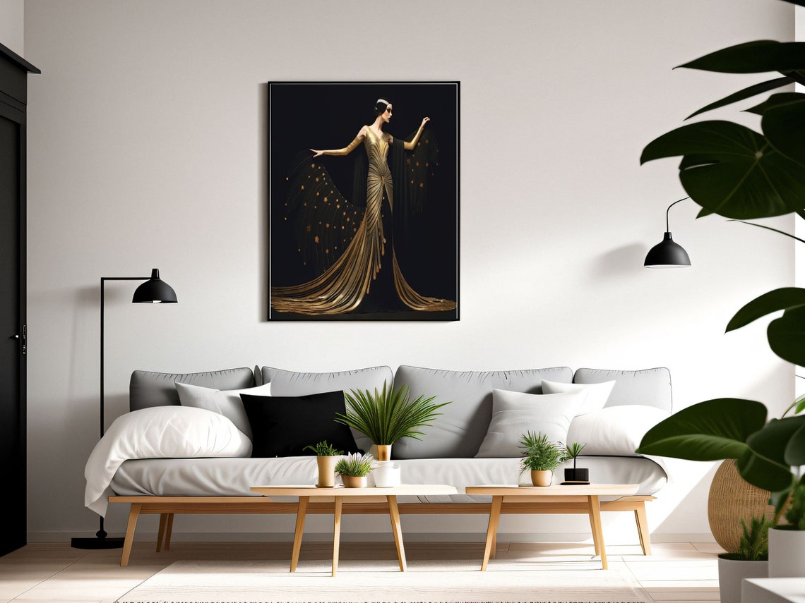 Art Deco Gold Dancer With Starry Train Against Black Night Poster - Image 6