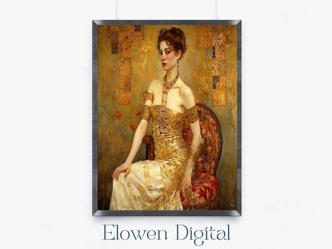 Art Nouveau Woman in Golden Gown Seated Among Red Poppies Poster