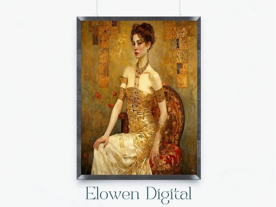 Art Nouveau Wall Art In Orange And Klimt Gold Art Nouveau Decor Woman With Swirls Wall Art For Art Nouveau Decor