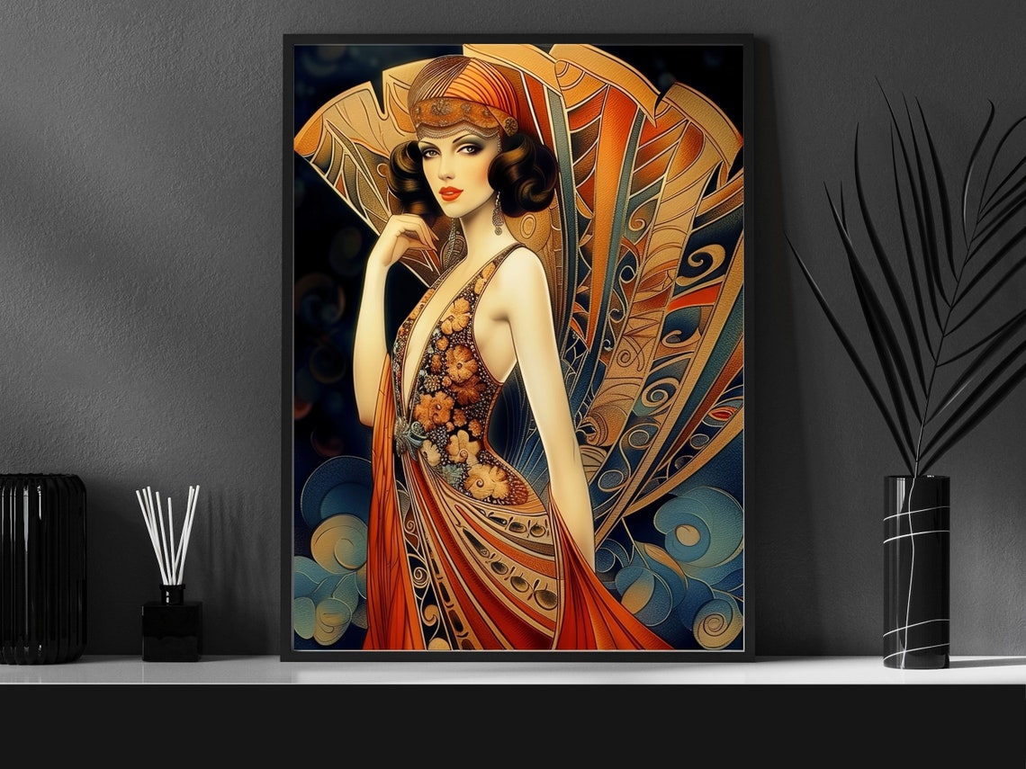 Erte Red Gown Art Deco Print Wall Art Of Woman In Flame Erte Gown Vintage Fashion Erte Gown With Art Deco Decor - Image 6