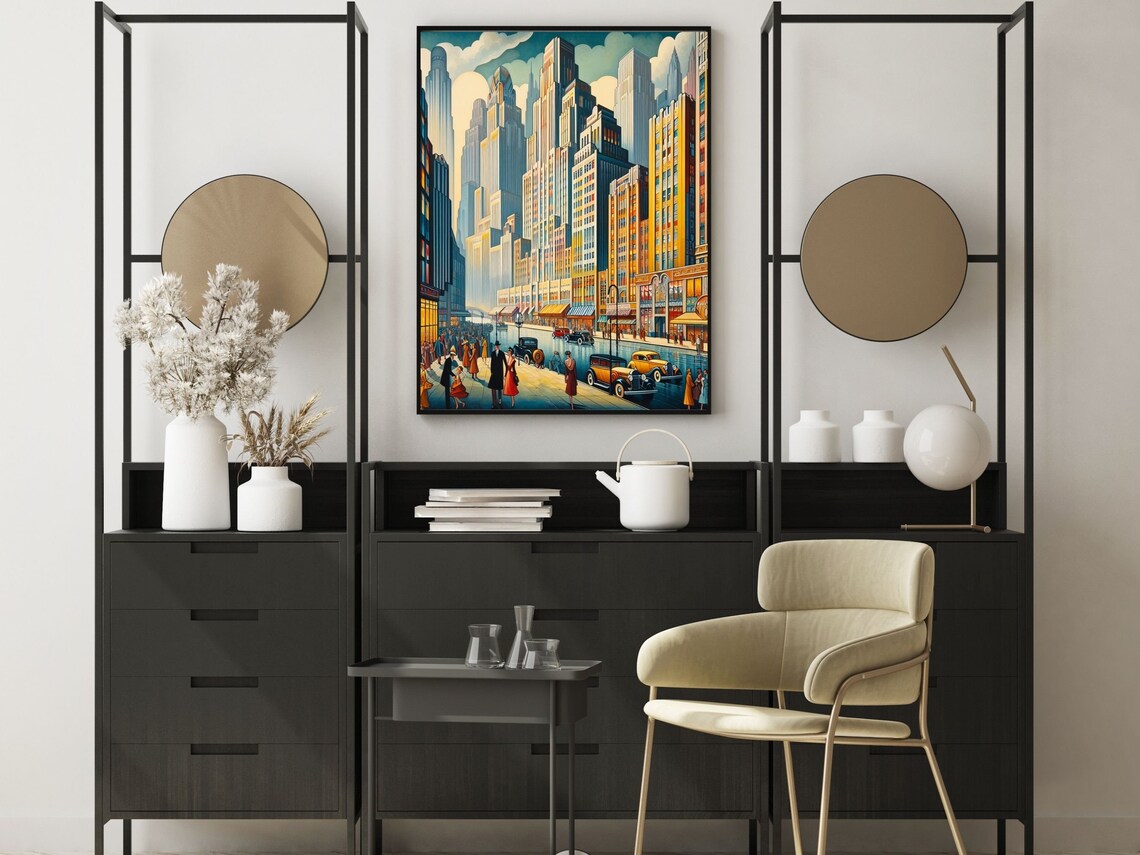 Art Deco 1940s Skyscraper Street Scene With Vintage Cars Poster - Image 4