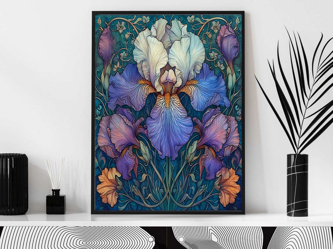 Art Nouveau Purple Iris With Teal Symmetric Floral Pattern Poster - Image 3