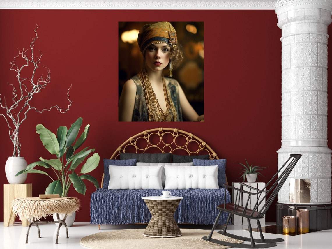 1920s Flapper Woman In Gold Beaded Headscarf And Pearls Art Deco Print - Image 4