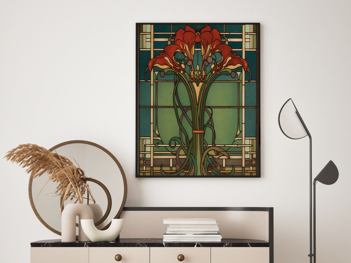 Art Deco Red Lilies in Stained-Glass Style Botanical Window Poster - Image 5
