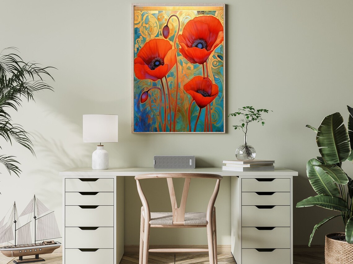 Vibrant Red Poppies Blooming on a Gold Art Nouveau Swirl Poster - Image 4