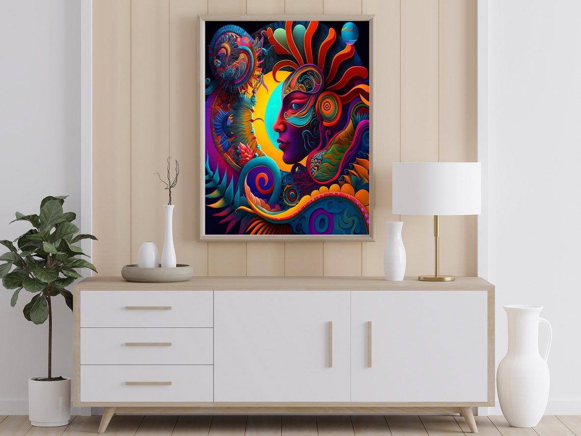 Psychedelic Mesoamerican Goddess Profile in Neon Color Poster - Image 4