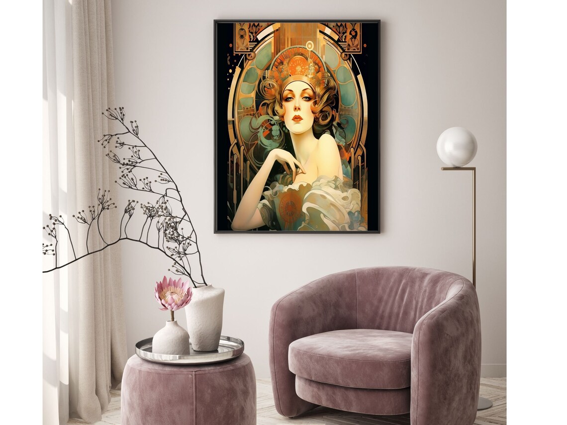 Elegant Golden Curled Woman In Ornate Art Nouveau Arch Portrait Print - Image 4