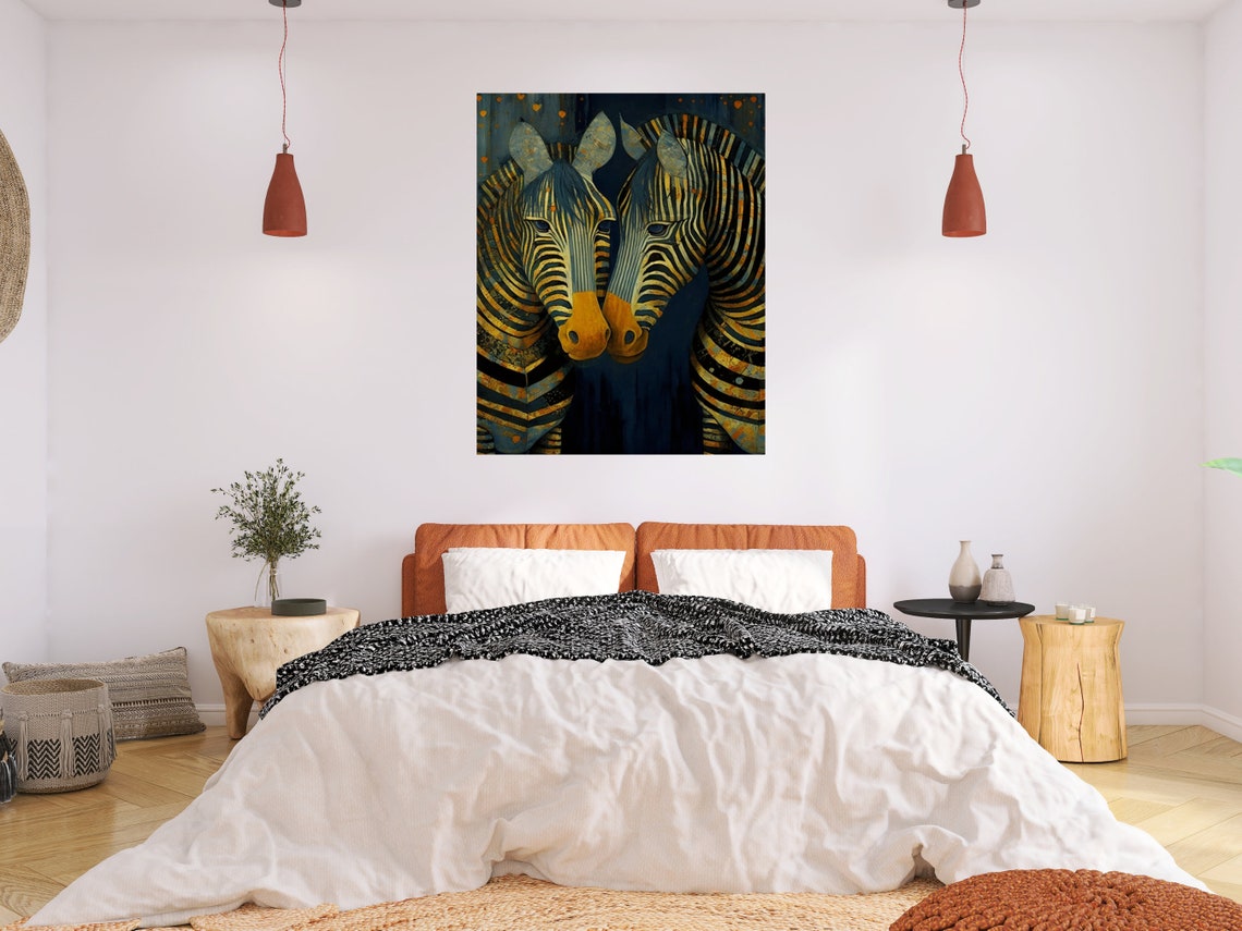 Art Deco Golden Zebra Pair Touching Heads on Midnight Poster - Image 2
