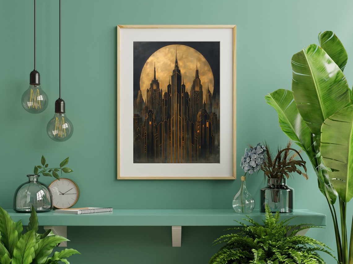 Dramatic Art Deco Skyscrapers At Night Under Golden Full Moon Poster - Image 5