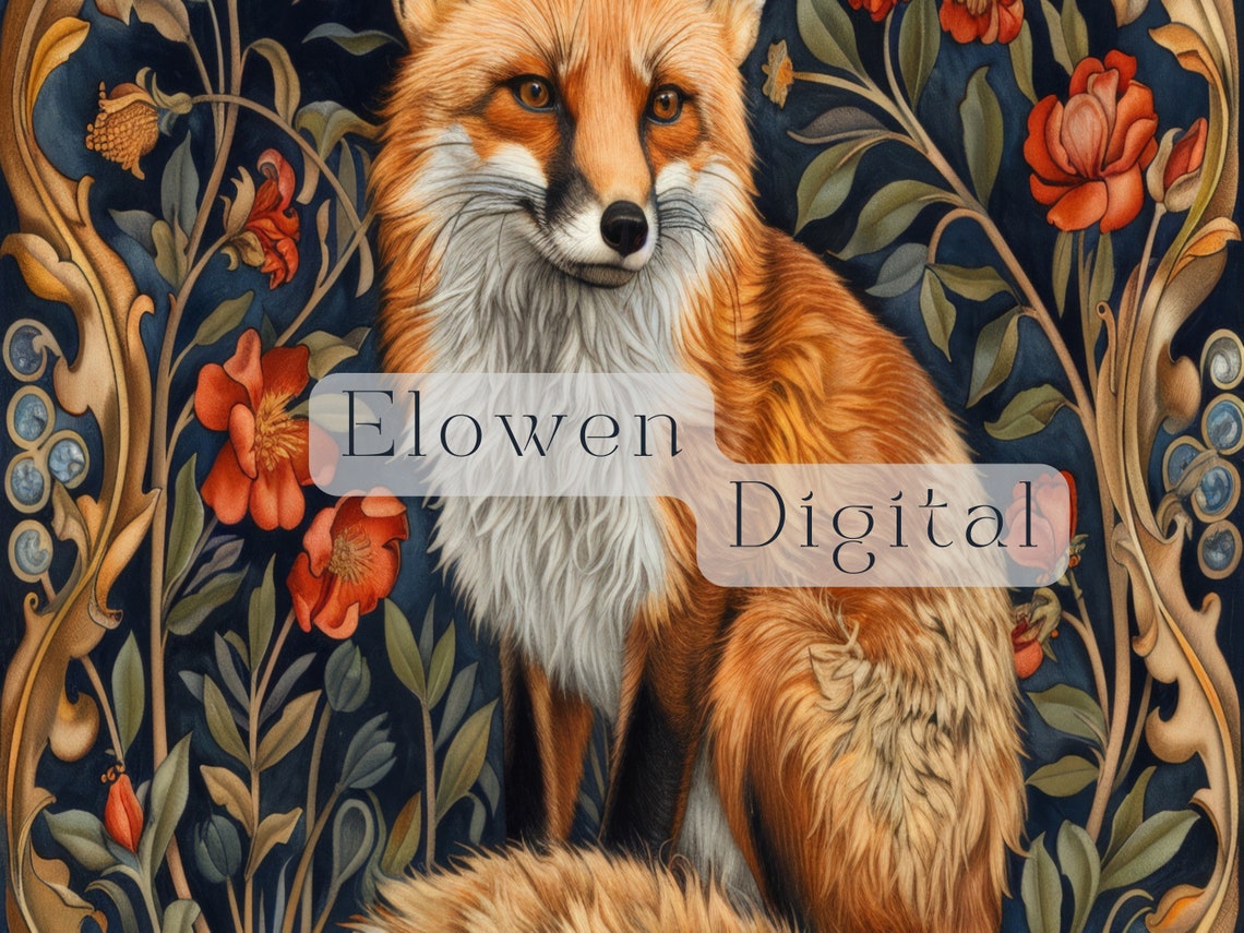Red Fox Among William Morris Florals in Gold Scrollwork Poster - Image 4