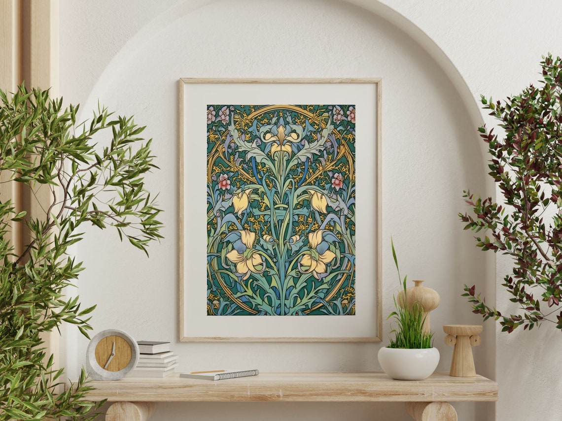 William Morris Style Iris Tapestry Pattern in Teal and Gold Poster - Image 2