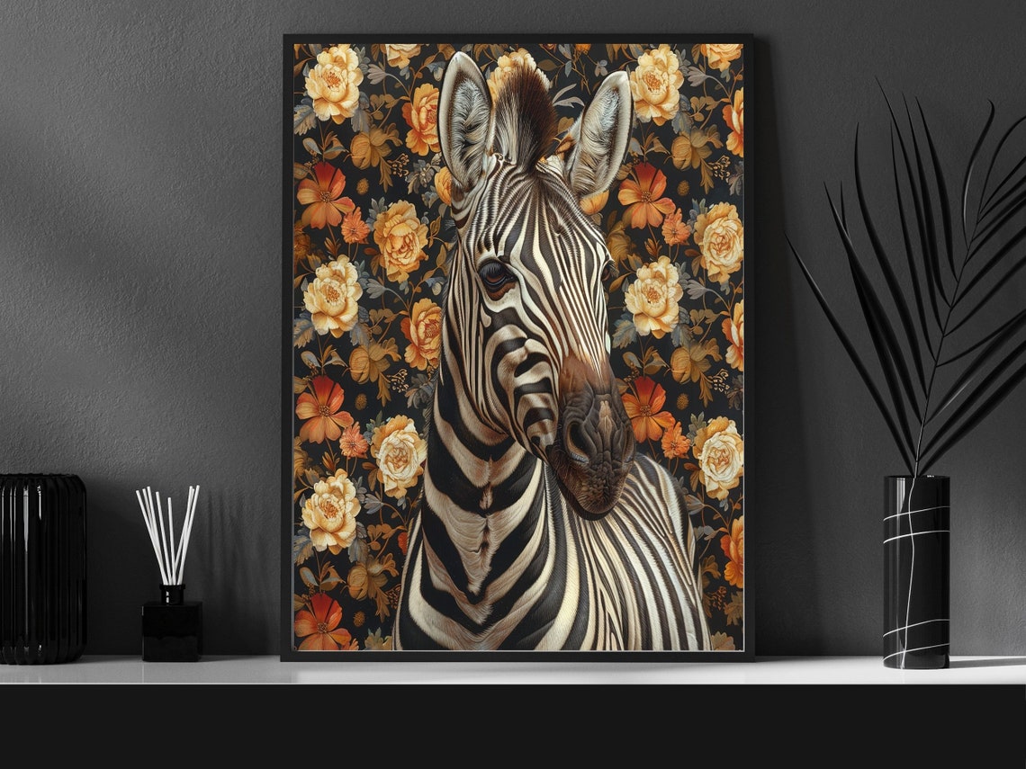 Zebra Portrait Against Dark William Morris Floral Backdrop Poster - Image 6