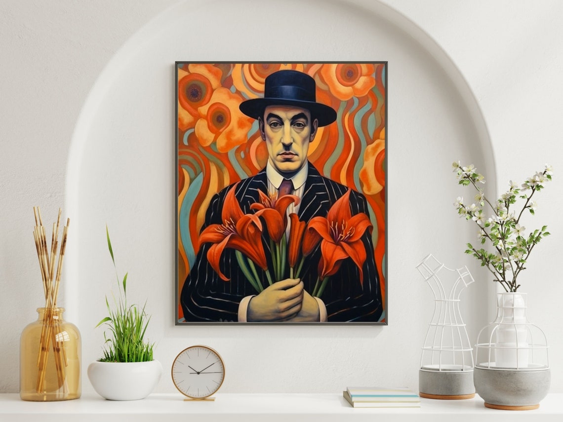Art Nouveau Man In Pinstripe Suit Holding Red Lilies Portrait Poster - Image 5