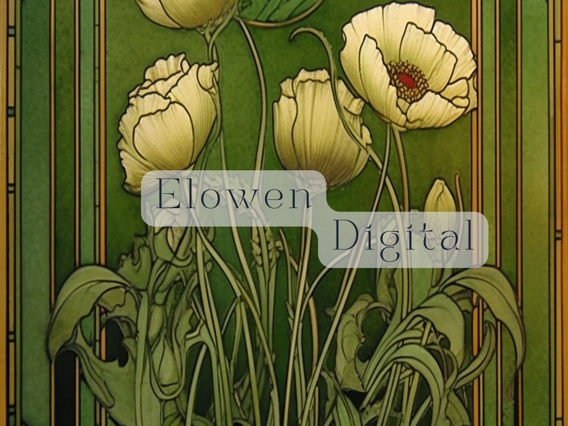 Delicate Art Nouveau White Poppies Green Vintage Botanical Poster - Image 4