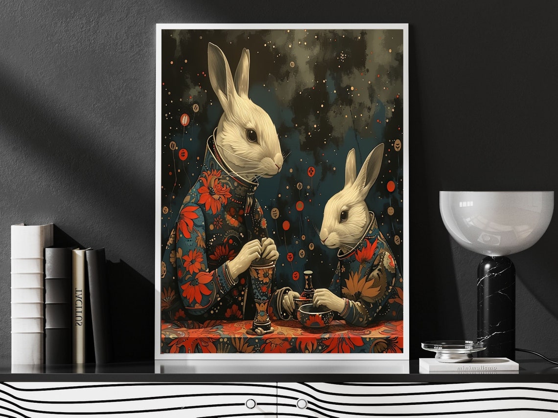 Two White Rabbits Tea Party Under A Starry Lantern Night Sky Wall Art - Image 6