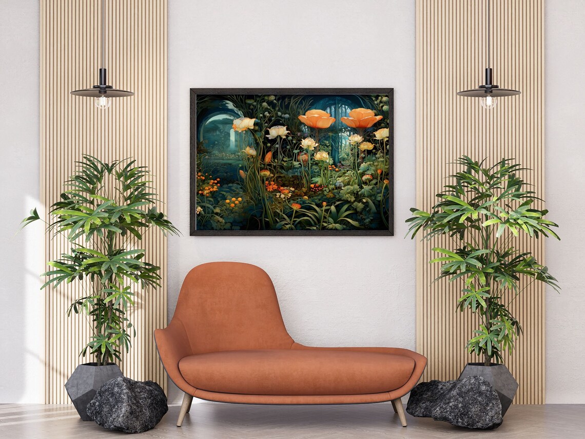 Art Nouveau Pond Flowers With Orange Poppies at Night Poster - Image 5
