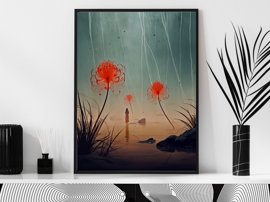 Large Wall Art Water Scene Moody Landscape With Bright Chrysanthemum Art Colorful Wall Art Beach With Red Chrysanthemums - Image 3