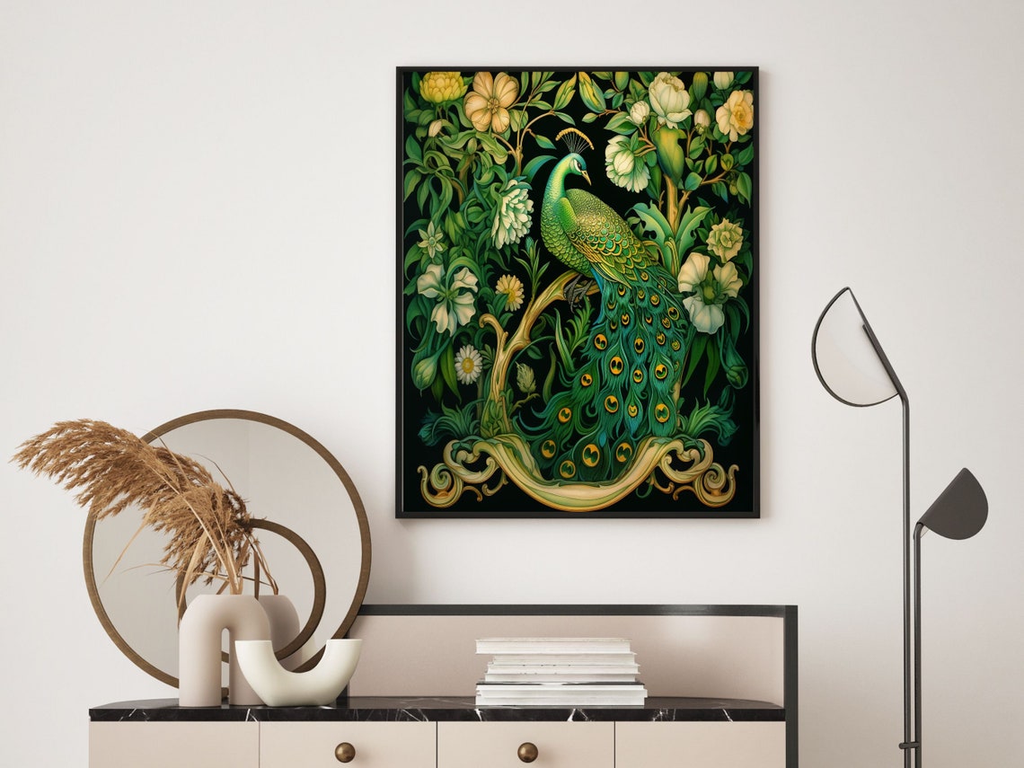 Peacock White Flowers Morris Style Botanical Garden Art Poster - Image 6