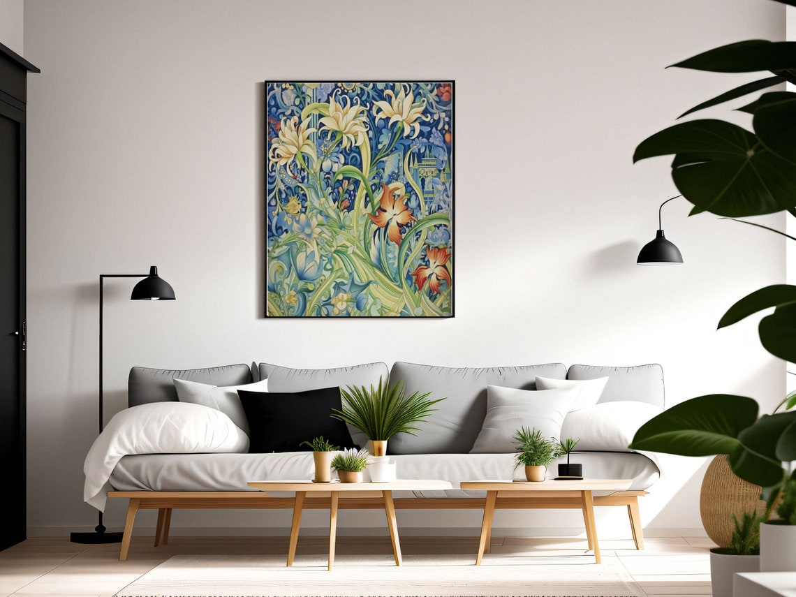 Art Nouveau Blue and Green Lily Botanical Floral Pattern Art Poster - Image 3