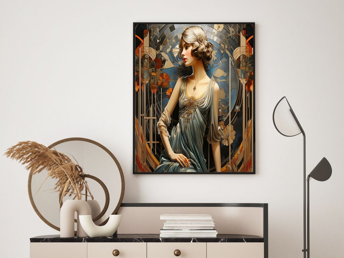 Elegant Woman In Silver Blue Gown Geometric Art Deco Backdrop Print - Image 4