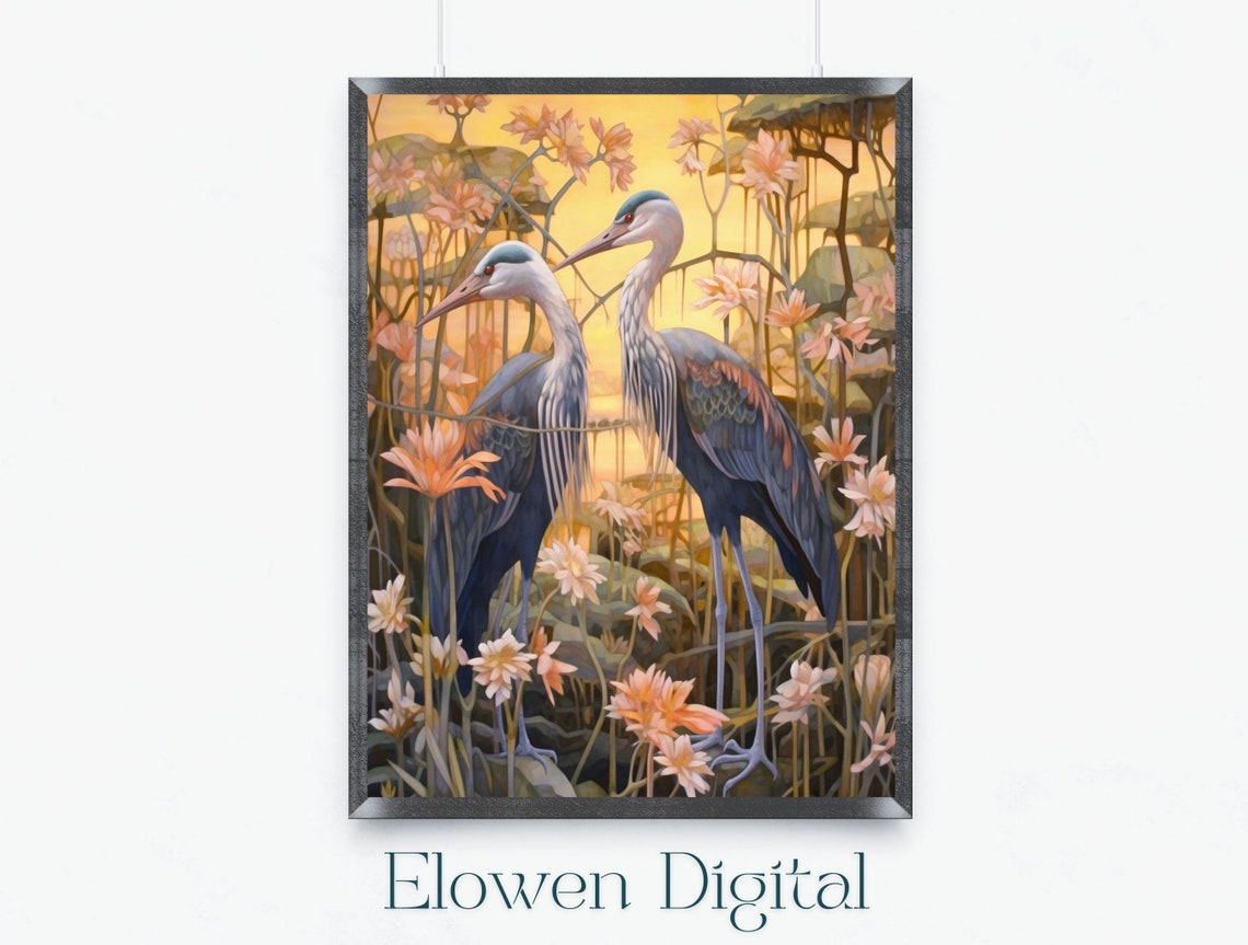 Two Herons Among Golden Blossoms at Sunset Wildlife Art Poster
