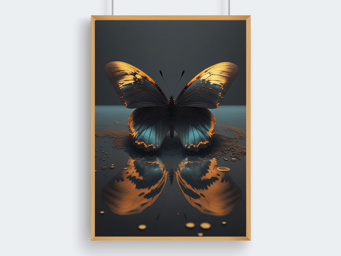 Black and Gold Butterfly Reflection Moody Dark Academia Art Poster