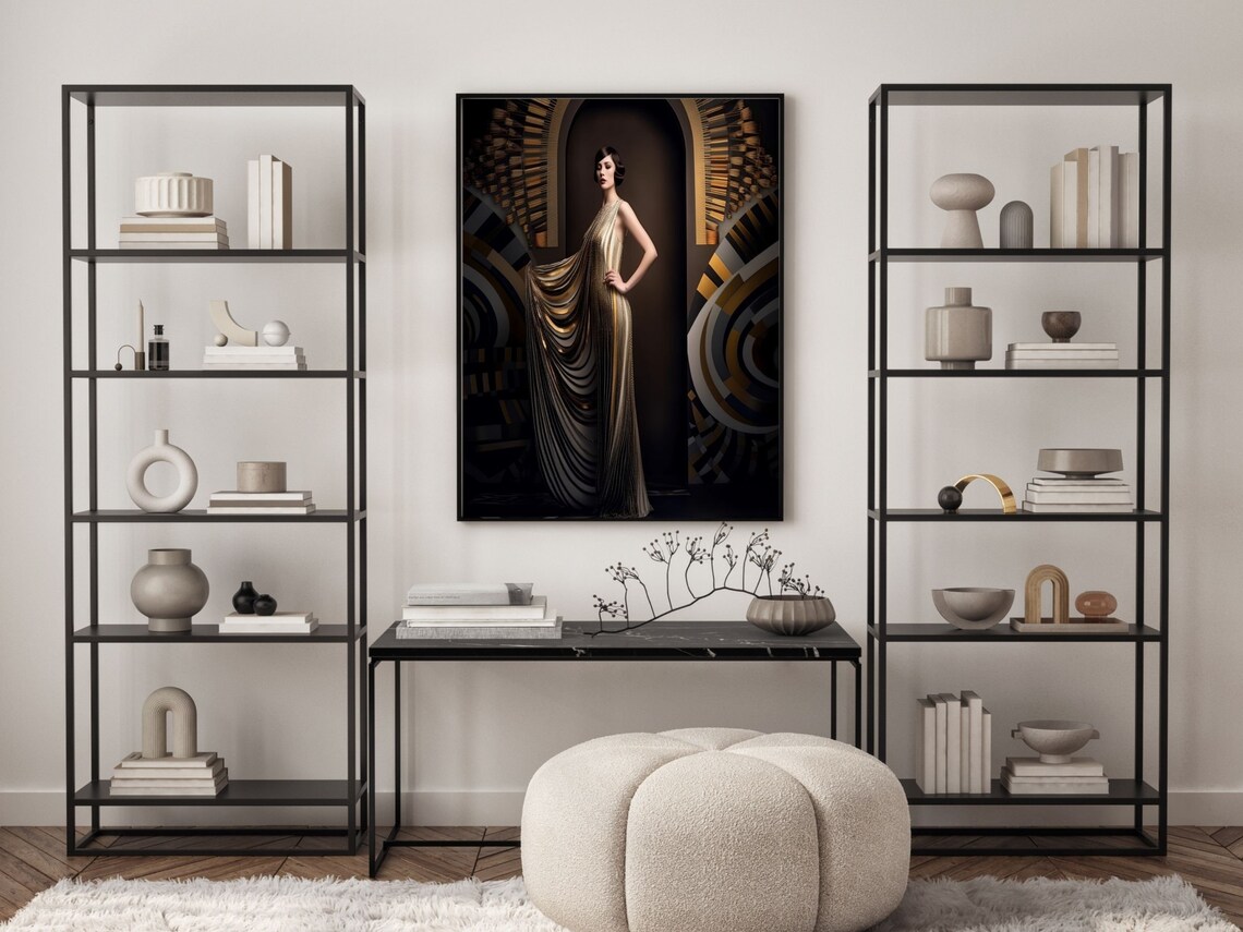 Art Deco Woman in Elegant Black and Gold Draped Gown With Headdress Poster - Image 2