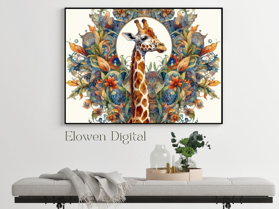 Giraffe Portrait in Autumn Leaves Floral Medallion Wall Poster