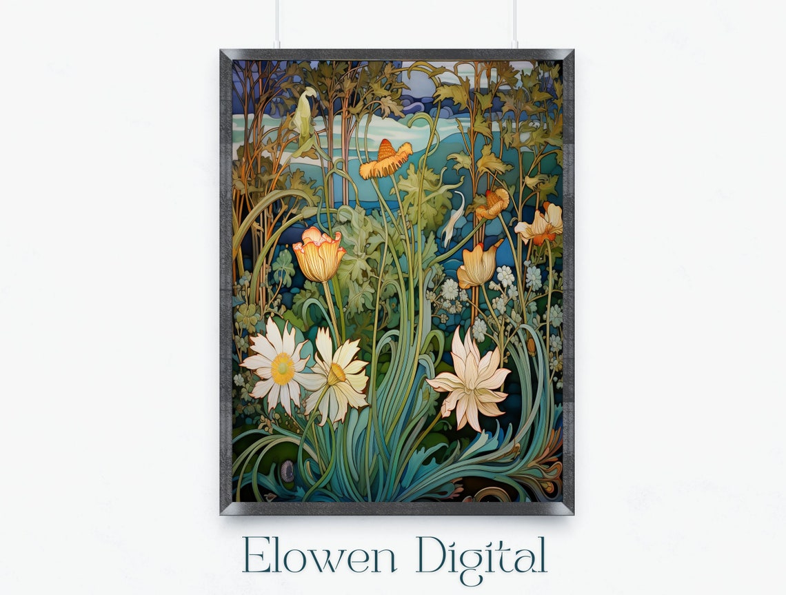 Art Nouveau Daisy and Tulip Stained-Glass Style Botanical Poster