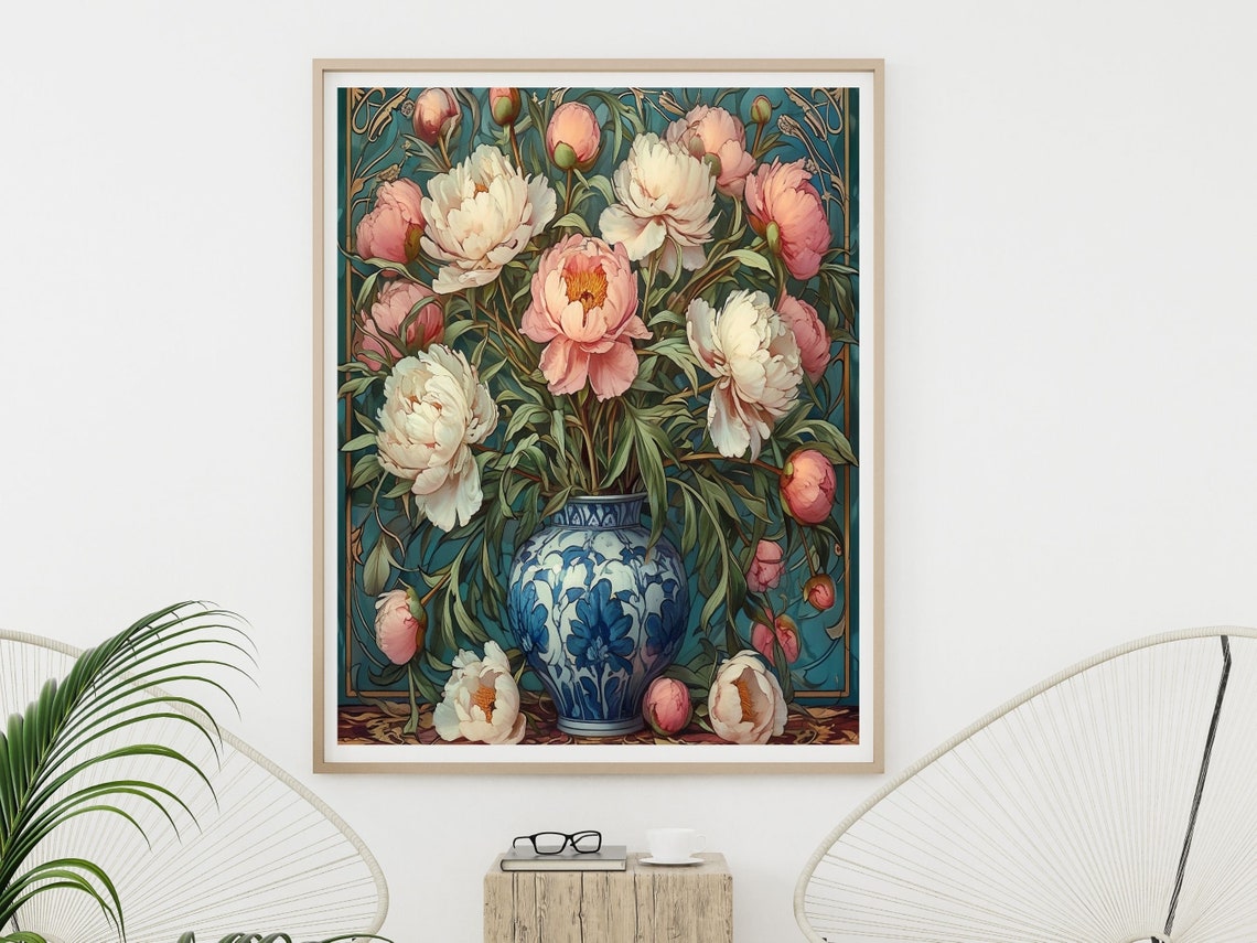Pink And White Peonies In Blue Floral Vase Still Life Poster - Image 5