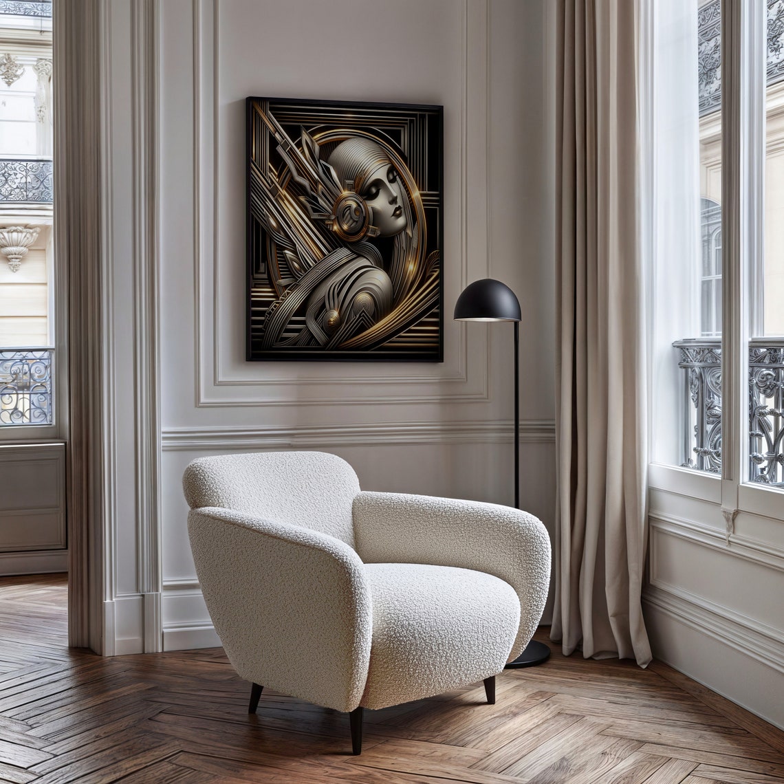 Art Deco Futuristic Woman Black and Gold Portrait Deco Wall Art - Image 5