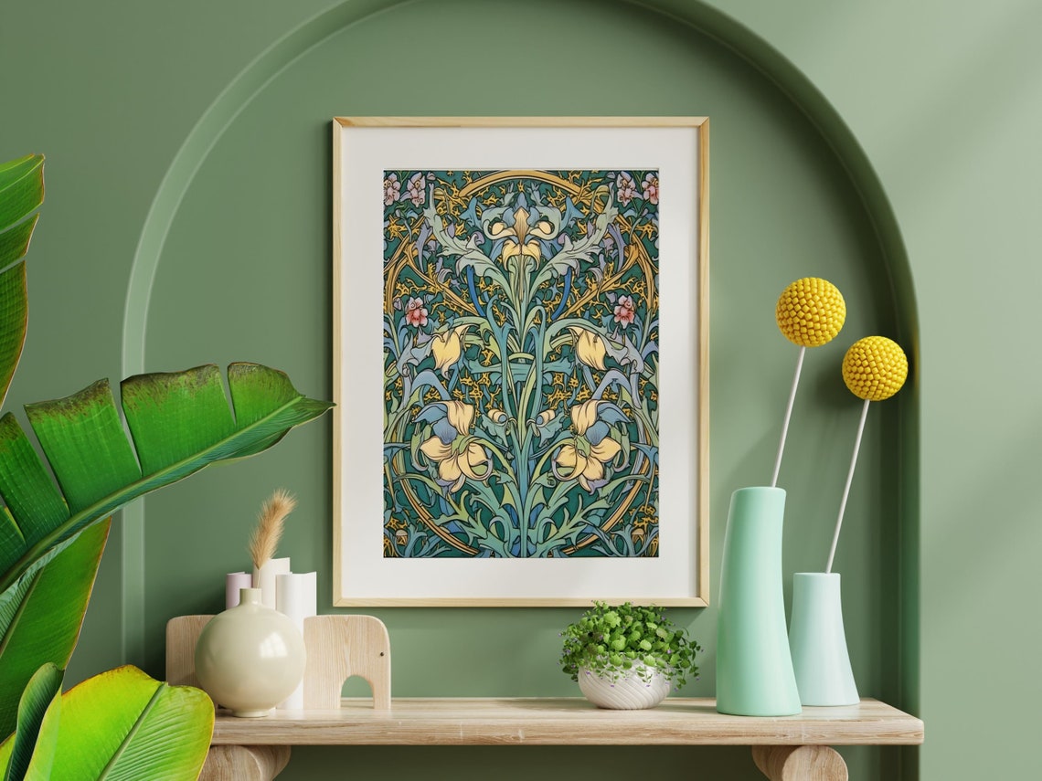 William Morris Style Iris Tapestry Pattern in Teal and Gold Poster - Image 3