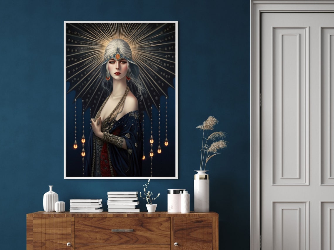 Erté Style Art Deco Lady in Midnight Blue with Golden Sunburst Poster - Image 4