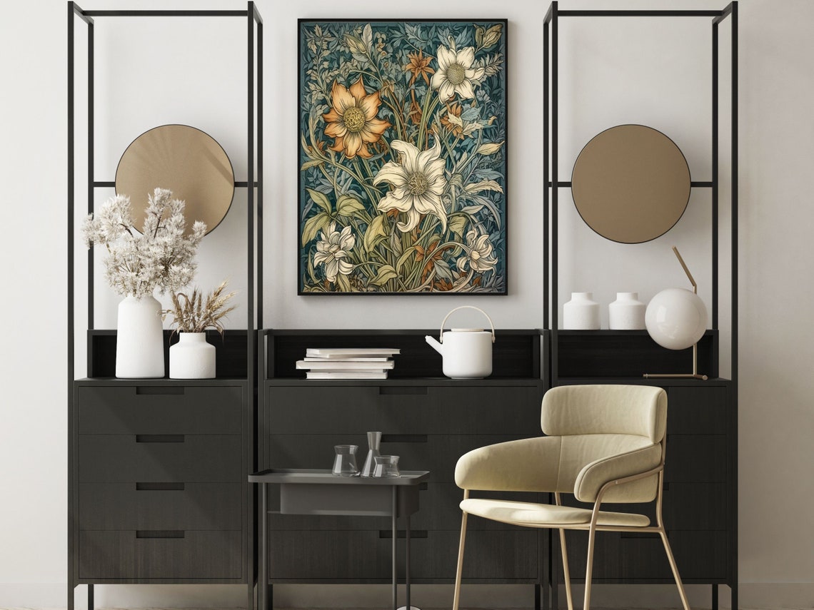 William Morris Style Cream Lilies Botanical Floral Design Wall Art - Image 5